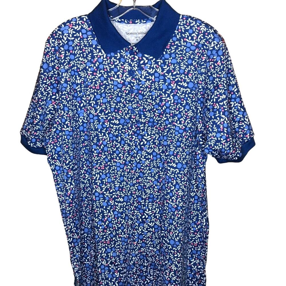 Woman Within Shirt Blue Floral Polo New 14/16